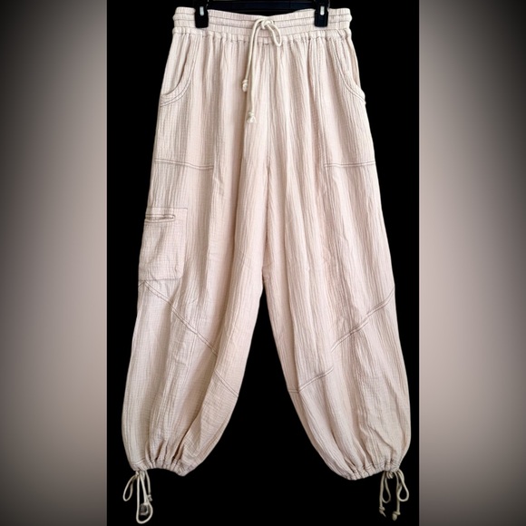 MISS LOVE Cotton Gauze Lightweight Boho Hippie Baggy Cargo Harem Pull-On Pants M - Picture 1 of 8